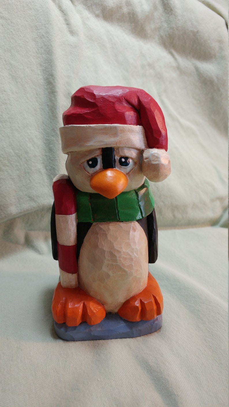 Kandy Cane Penguin Caricture,Wood Carving