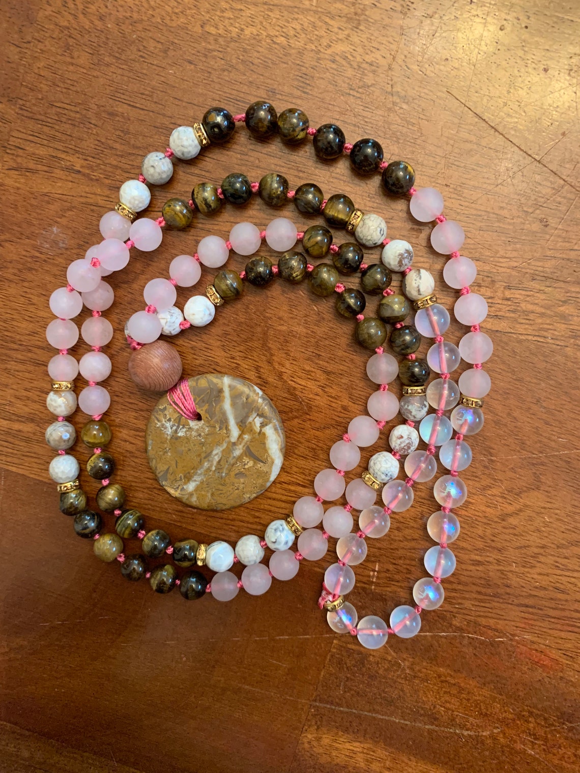 Tiger Eye et rose quartz rose givré 108 perles nouées Collier Etsy France