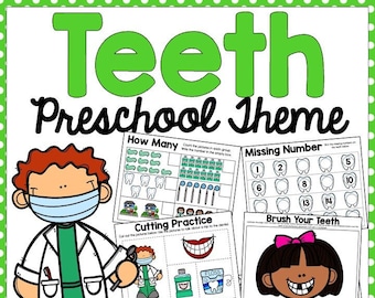 May include: A printable preschool activity pack with a teeth theme. The pack includes activities such as counting, missing numbers, cutting practice, and brushing your teeth. The activities feature colourful illustrations of teeth, toothbrushes, toothpaste, and a dentist.