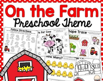 May include: A set of printable farm-themed preschool worksheets. The worksheets include activities such as counting, letter recognition, shape tracing, and following directions. The worksheets feature a red barn, a cow, chicks, and a pig.