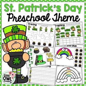 May include: A set of printable St. Patrick's Day preschool activities featuring a leprechaun, pots of gold, rainbows, and shamrocks. The activities include tracing, graphing, cutting, and gluing.