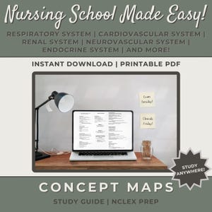 May include: A digital study guide titled "Nursing School Made Easy!" with concept maps for various systems. The image shows a laptop on a wooden desk, a desk lamp, and sticky notes. The text includes "Instant Download | Printable PDF" and "Study Anywhere!"