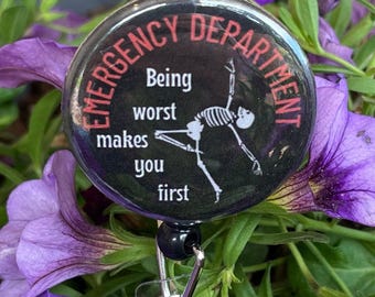Funny ED Nurse Badge Reel: Skeleton Humor Button Pin