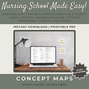Könnte beinhalten: Ein digitales Lernbuch mit dem Titel "Nursing School Made Easy!" mit Konzeptkarten für verschiedene Systeme. Das Bild zeigt einen Laptop auf einem Holztisch, eine Schreibtischlampe und Haftnotizen. Der Text enthält "Sofort-Download | Druckbares PDF."
