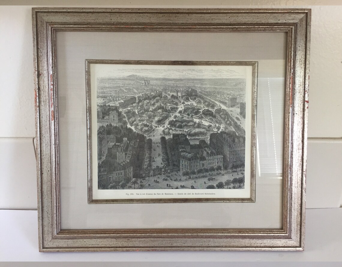 Framed Rustic Antique Print/lithograph View of Parc De Monceaux, Paris