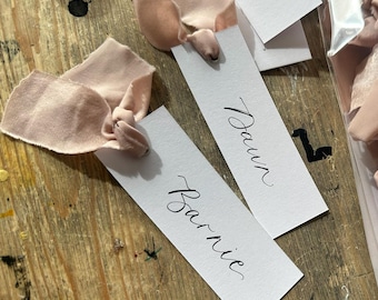 Handwritten Blush Pink Calligraphy Ribbon Place Cards: Wedding, Shower, Dinner, Party, Place Name, Blank, Personalised