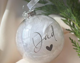 Personalised White Feather Memorial Bauble: Glass Remembrance Ornament