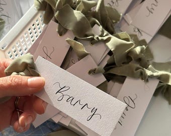 EUCALYPTUS GREEN Chiffon Ribbon Calligraphy Place Name Card | Personalised White Place Name Card | Gold Eyelet | Wedding Place Setting