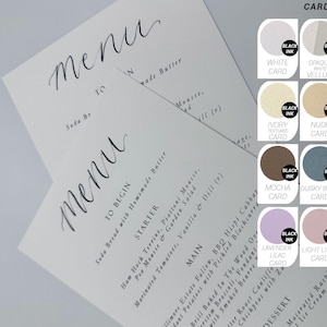 Kalligrafietitel Gedrukt menu | Op maat gemaakte kalligrafie bruiloft menukaart | Menubord A5 | Dinermenu | Groen ivoorroze geel