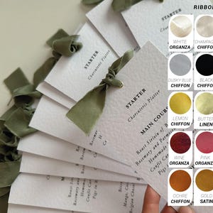 Ruban skinny imprimé pour cartes de menu | Carte maigre de menu de mariage calligraphie imprimée personnalisée | Menu du dîner | Sauge Ivoire Rose Marine