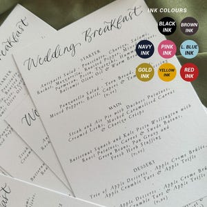 WITTE kalligrafietitel gedrukt menu | Op maat gemaakte kalligrafie bruiloft menukaart | Menubord A5 | Dinermenu | Groen Roze Geel