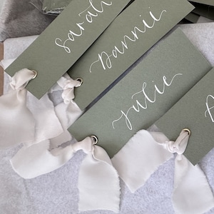 EUCALYPTUS Green + CHAMPAGNE Chiffon Ribbon Calligraphy Place Name Card | Personalised GREEN Place Name Card | Wedding Place Setting |