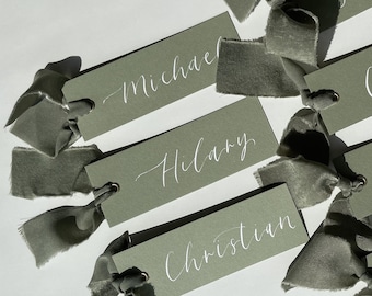 EUCALYPTUS Green Chiffon Ribbon Calligraphy Place Name Card | Personalised GREEN Place Name Card | Wedding Place Setting | Party Table Décor