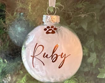 Personalised White Feather Paw Memorial Bauble: Dog, Cat, Pet Glass Remembrance Ornament