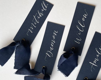 Calligraphy Wedding Place Name Card | Navy Card with Navy Dark Blue Chiffon Calligraphy Chiffon Ribbon Navy  Place Card Personalised