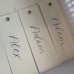 IVORY Cream Calligraphy Place Name Card | DIY Add Own Ribbon Calligraphy Wedding Place Name Card | Gold or Silver Eyelet Place Card | Party