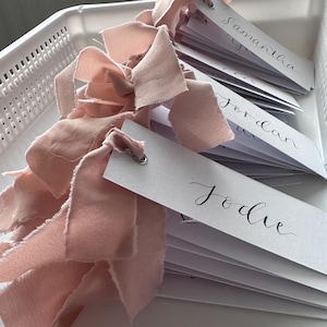 BLUSH chiffon lint kalligrafie plaatsnaamkaart | Gepersonaliseerde witte plaatsnaamkaart | Gouden oogje | Bruiloft couvert | Stoelindeling