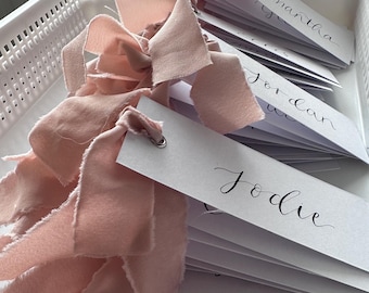 BLUSH Chiffon Ribbon Calligraphy Place Name Card | Personalised White Place Name Card | Gold Eyelet | Wedding Place Setting | Seating Plan