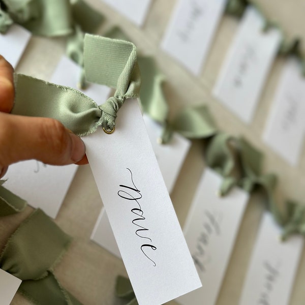 Calligraphy Wedding Place Name Card | White Card with Sage Satin - Calligraphy Satin Ribbon Silk Ribbon Place Name Card mint green