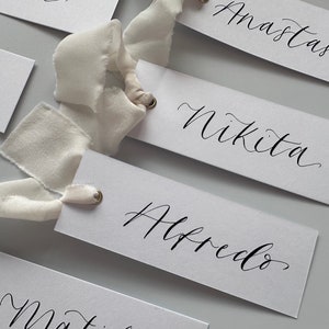 Calligraphy Wedding Place Name Card | White Card with Champagne Chiffon   Calligraphy Chiffon Ribbon Place Name Card