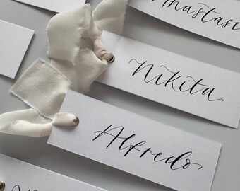 CHAMPAGNE Chiffon Ribbon Calligraphy Place Name Card | Personalised White Place Name Card | Gold Eyelet | Wedding Place Setting | Seat Plan