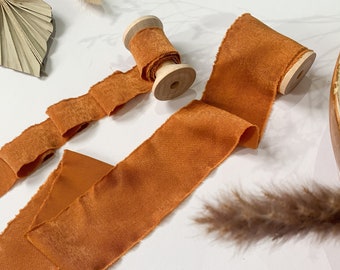 Chiffon Hand Torn Ribbon Shimmer Finish Ochre Bouquet Ribbon | Chiffon Raw Edge Silk Style Ribbon Wedding Ribbon  Burnt Orange, Rust