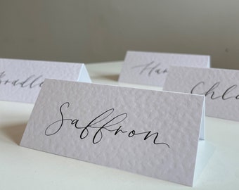 Folded Calligraphy Wedding Hammered Place Name Card | White Folded Placecard Hammer Effect Handwritten Calligraphy Tent Fold Place Name Card