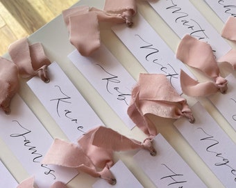 Calligraphy Wedding Place Name Card | White Card with Blush Chiffon   Calligraphy Chiffon Ribbon Place Name Card Personalised