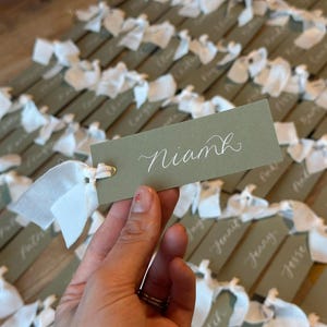 Handwritten Eucalyptus Green & Champagne Calligraphy Ribbon Place Cards: Wedding, Shower, Party, Place Name, Blank, Personalised