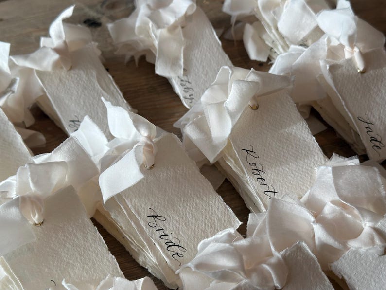 Handwritten Deckle Edge Calligraphy Champagne Ribbon Place Cards: Wedding, Handmade Paper Place Name, Blank, Personalised image 11