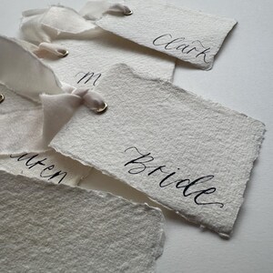 Handwritten Deckle Edge Calligraphy Champagne Ribbon Place Cards: Wedding, Handmade Paper Place Name, Blank, Personalised image 4