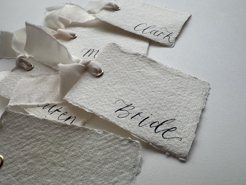 Handwritten Deckle Edge Calligraphy Champagne Ribbon Place Cards: Wedding, Handmade Paper Place Name, Blank, Personalised image 4