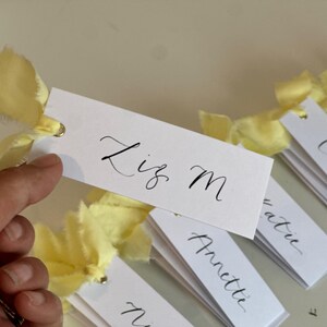 Handwritten Calligraphy Place Cards | Personalised Butter Yellow Wedding Place Names with Ribbon image 2