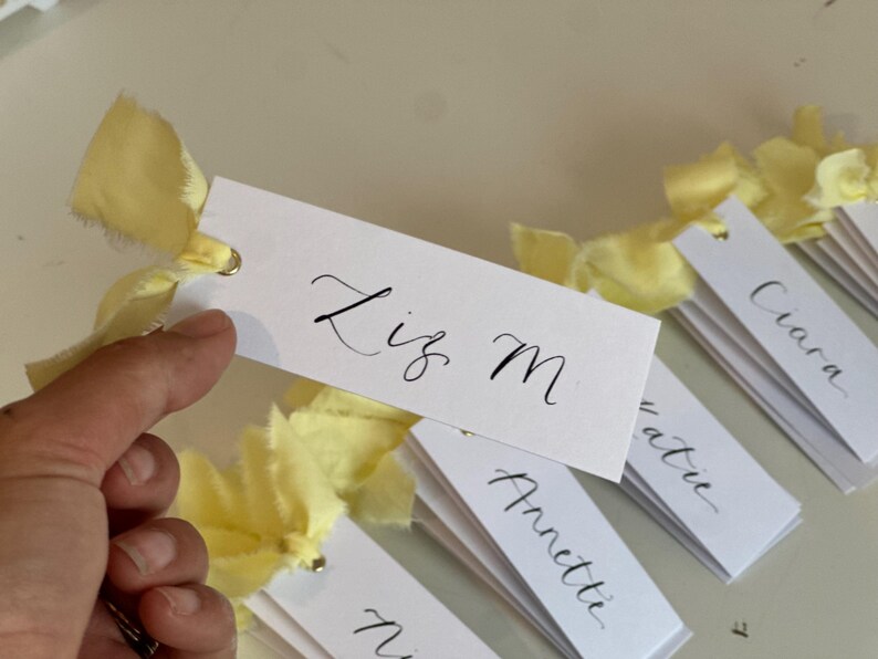 Handwritten Calligraphy Place Cards | Personalised Butter Yellow Wedding Place Names with Ribbon image 2