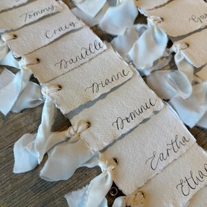 Handwritten Deckle Edge Calligraphy Champagne Ribbon Place Cards: Wedding, Handmade Paper Place Name, Blank, Personalised image 6