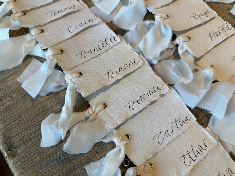 Handwritten Deckle Edge Calligraphy Champagne Ribbon Place Cards: Wedding, Handmade Paper Place Name, Blank, Personalised image 6