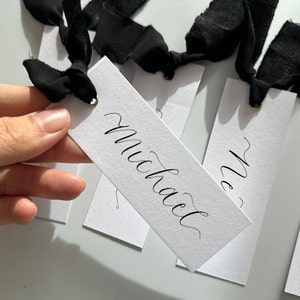 BLACK Chiffon Ribbon Calligraphy Place Name Card | Personalised White Place Name Card | Gold Eyelet | Wedding Place Setting | Seating Plan