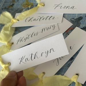 Handwritten Calligraphy Place Cards | Personalised Butter Yellow Wedding Place Names with Ribbon image 6