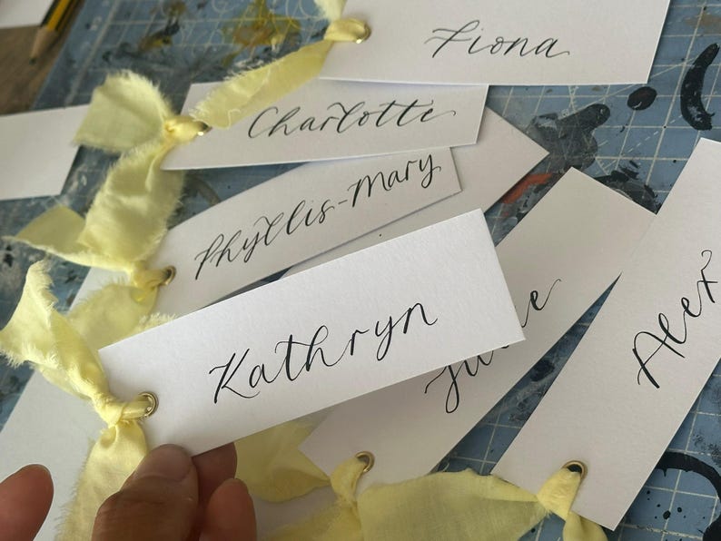 Handwritten Calligraphy Place Cards | Personalised Butter Yellow Wedding Place Names with Ribbon image 6