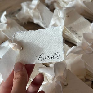 Handwritten Deckle Edge Calligraphy Champagne Ribbon Place Cards: Wedding, Handmade Paper Place Name, Blank, Personalised image 8
