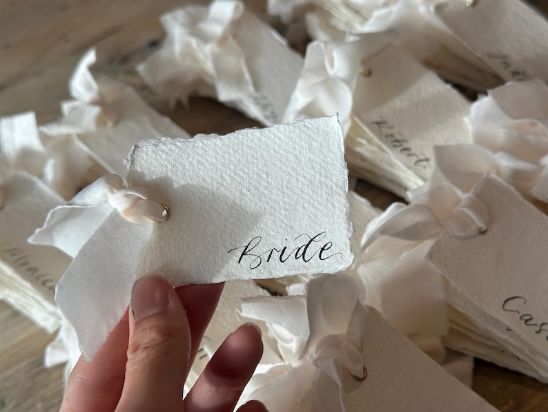 Handwritten Deckle Edge Calligraphy Champagne Ribbon Place Cards: Wedding, Handmade Paper Place Name, Blank, Personalised image 8