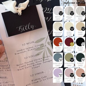 VELLUM Foliage Place Card Printed Calligraphy Menu Chiffon Ribbon  | Custom Printed Calligraphy Wedding Menu Card | Dinner Party Menu