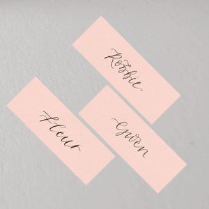 Cartão de nome de lugar com caligrafia rosa BLUSH | Cartões de lugar para eventos rosa | Cartão de lugar plano em branco | Casamento, festa, chá de bebê | Mesa de jantar