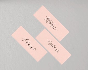 Handgeschreven plaatskaarten met blushroze kalligrafie: bruiloft, douche, diner, feest, platte plaatsnaam, blanco, gepersonaliseerd