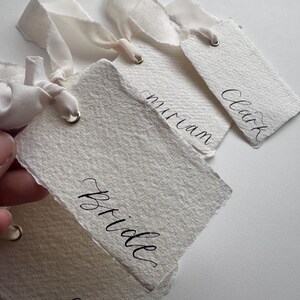 Handwritten Deckle Edge Calligraphy Champagne Ribbon Place Cards: Wedding, Handmade Paper Place Name, Blank, Personalised image 14