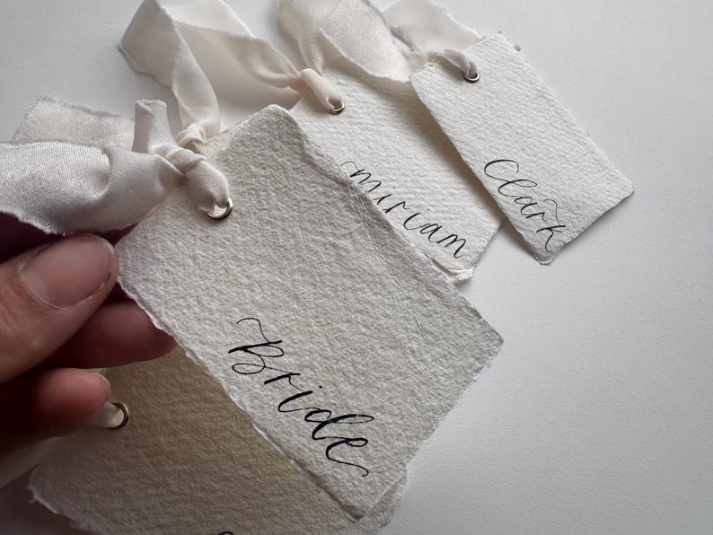 Handwritten Deckle Edge Calligraphy Champagne Ribbon Place Cards: Wedding, Handmade Paper Place Name, Blank, Personalised image 14