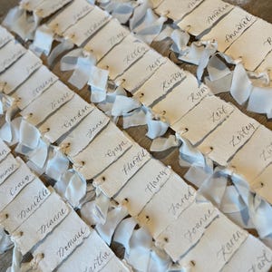 Handwritten Deckle Edge Calligraphy Champagne Ribbon Place Cards: Wedding, Handmade Paper Place Name, Blank, Personalised image 9