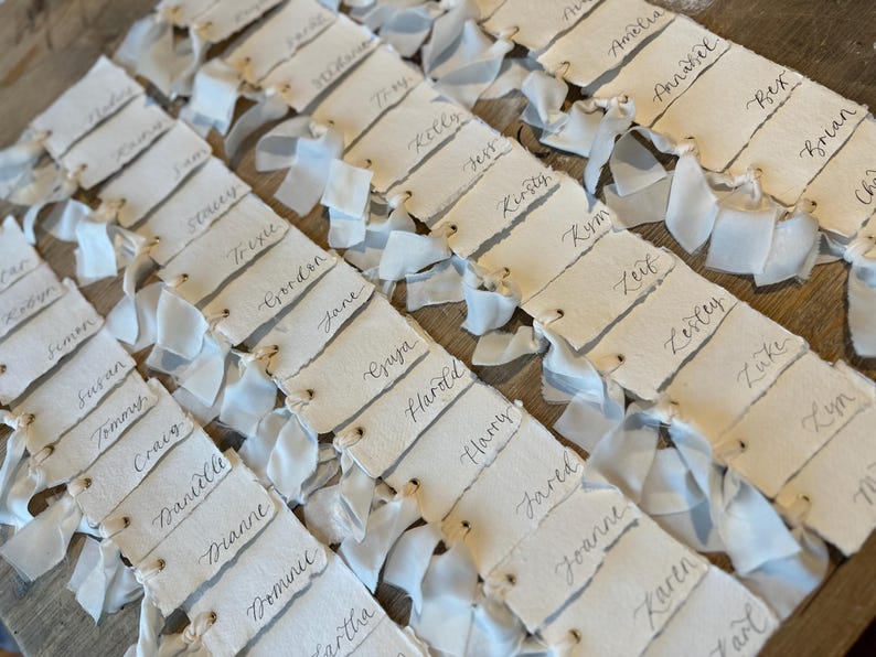 Handwritten Deckle Edge Calligraphy Champagne Ribbon Place Cards: Wedding, Handmade Paper Place Name, Blank, Personalised image 9