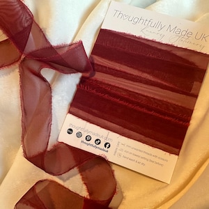 Nastro di organza strappato a mano color bordeaux, finitura opaca, nastro rosso scuro/nastro di organza con bordo grezzo in stile seta, nastro per invito fai da te per matrimonio