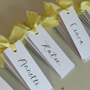 Handwritten Calligraphy Place Cards | Personalised Butter Yellow Wedding Place Names with Ribbon image 7